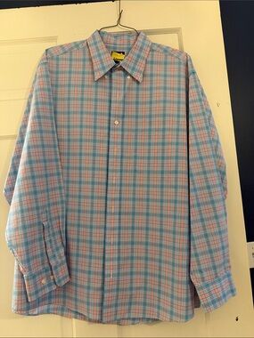 Men's Blue and Pink Plaid Button-Down Shirt